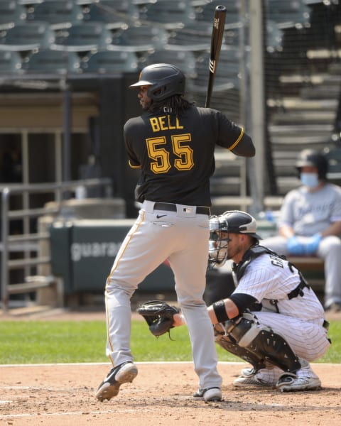 CHICAGO – AUGUST 26: Josh Bell #55 of the Pittsburgh Pirates bats against the Chicago White Sox on August 26, 2020 at Guaranteed Rate Field in Chicago, Illinois. (Photo by Ron Vesely/Getty Images)