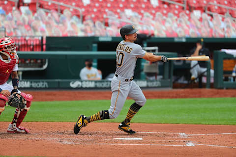 ST LOUIS, MO – AUGUST 27: Bryan Reynolds #10 bats against the St. Louis Cardinals at Busch Stadium on August 10, 2020 in St Louis, Missouri. (Photo by Dilip Vishwanat/Getty Images)