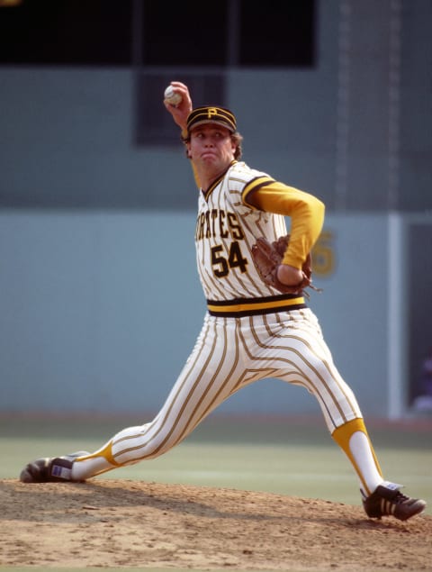 PITTSBURGH, PA – 1977: Relief pitcher Rich Gossage #54 (also known as Goose Gossage) of the Pittsburgh Pirates pitches during a Major League Baseball game at Three Rivers Stadium in 1977 in Pittsburgh, Pennsylvania. (Photo by George Gojkovich/Getty Images)