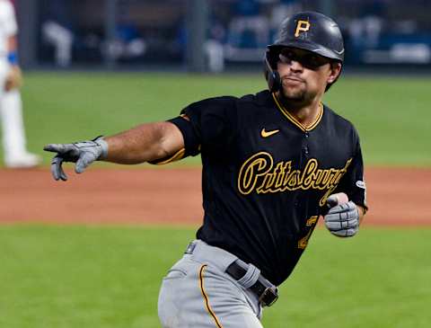 KANSAS CITY, MISSOURI – SEPTEMBER 12: Adam Frazier #26 of the Pittsburgh Pirates celebrates his home run in the third inning against the Kansas City Royals at Kauffman Stadium on September 12, 2020 in Kansas City, Missouri. (Photo by Ed Zurga/Getty Images)