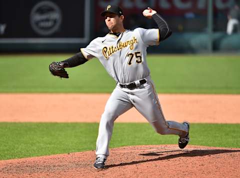 KANSAS CITY, MISSOURI – SEPTEMBER 13: Relief pitcher Austin Davis #75 of the Pittsburgh Pirates throws in the eighth inning against the Kansas City Royals at Kauffman Stadium on September 13, 2020 in Kansas City, Missouri. (Photo by Ed Zurga/Getty Images)