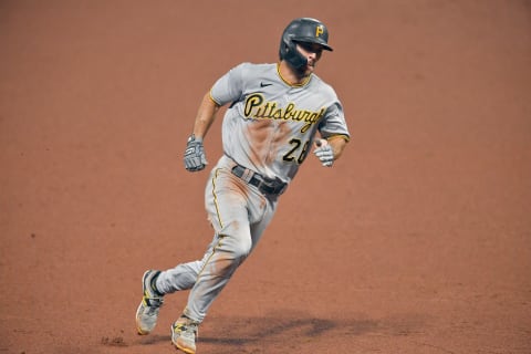 CLEVELAND, OHIO – SEPTEMBER 25: Adam Frazier #26 of the Pittsburgh Pirates rounds third to score on a single by Ke’Bryan Hayes #13 during the eighth inning against the Cleveland Indians at Progressive Field on September 25, 2020 in Cleveland, Ohio. (Photo by Jason Miller/Getty Images)