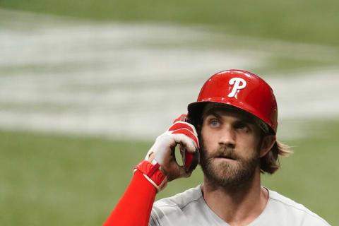 ST PETERSBURG, FLORIDA – SEPTEMBER 27: Bryce Harper #3 of the Philadelphia Phillies reacts during the sixth inning against the Tampa Bay Rays at Tropicana Field on September 27, 2020 in St Petersburg, Florida. (Photo by Douglas P. DeFelice/Getty Images)