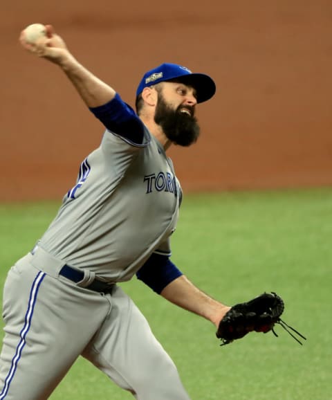 ST PETERSBURG, FLORIDA – SEPTEMBER 29: Matt Shoemaker #34 of the Toronto Blue Jays pitches during the Wild Card Round Game One against the Tampa Bay Rays at Tropicana Field on September 29, 2020 in St Petersburg, Florida. (Photo by Mike Ehrmann/Getty Images)