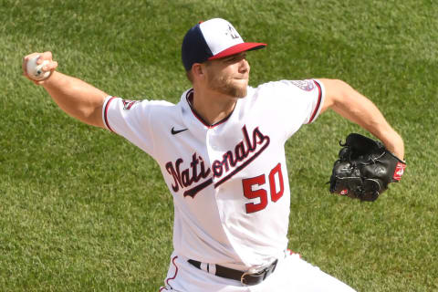 WASHINGTON, DC – SEPTEMBER 27: Austin Voth #50 of the Washington Nationals pitches during a baseball game against the New York Mets at Nationals Park on September 27, 2020 in Washington, DC. (Photo by Mitchell Layton/Getty Images)