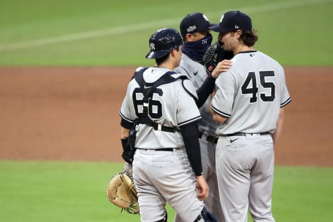 SAN DIEGO, CALIFORNIA – OCTOBER 09: Gerrit Cole #45 of the New York Yankees is taken out of the game against the Tampa Bay Rays during the sixth inning in Game Five of the American League Division Series at PETCO Park on October 09, 2020 in San Diego, California. (Photo by Sean M. Haffey/Getty Images)