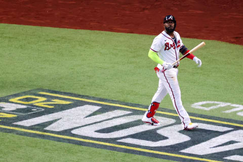 ARLINGTON, TEXAS – OCTOBER 14: Marcell Ozuna #20 of the Atlanta Braves reacts after striking out against the Los Angeles Dodgers during the third inning in Game Three of the National League Championship Series at Globe Life Field on October 14, 2020 in Arlington, Texas. (Photo by Ron Jenkins/Getty Images)