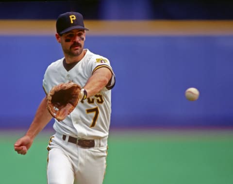 PITTSBURGH, PA – 1993: Third baseman Jeff King #7 of the Pittsburgh Pirates fields a ball during a Major League Baseball game at Three Rivers Stadium in 1993 in Pittsburgh, Pennsylvania. (Photo by George Gojkovich/Getty Images)