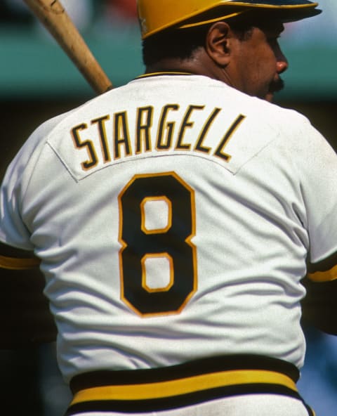 PITTSBURGH, PA – 1982: A view of the number 8 jersey worn by Willie Stargell of the Pittsburgh Pirates as he bats during a Major League Baseball game at Three Rivers Stadium in 1982 in Pittsburgh, Pennsylvania. (Photo by George Gojkovich/Getty Images)