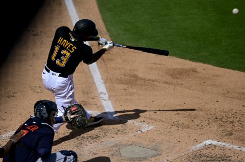 BRADENTON, FLORIDA – MARCH 02: Ke’Bryan Hayes #13 of the Pittsburgh Pirates hits a double during the third inning against the Detroit Tigers during a spring training game at LECOM Park on March 02, 2021 in Bradenton, Florida. (Photo by Douglas P. DeFelice/Getty Images)