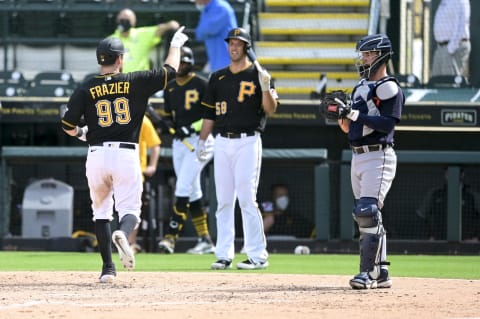 BRADENTON, FLORIDA – MARCH 02: Todd Frazier #99 of the Pittsburgh Pirates reacts after hitting a solo home run during the fourth inning against the Detroit Tigers during a spring training game at LECOM Park on March 02, 2021 in Bradenton, Florida. (Photo by Douglas P. DeFelice/Getty Images)