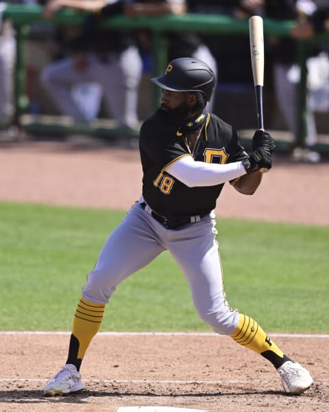 CLEARWATER, FLORIDA – MARCH 05: Brian Goodwin #18 of the Pittsburgh Pirates stands at the plate during the fourth inning against the Philadelphia Phillies during a spring training game at Phillies Spring Training Ball Park on March 05, 2021 in Clearwater, Florida. (Photo by Douglas P. DeFelice/Getty Images)