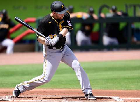 VENICE, FLORIDA – MARCH 09: Todd Frazier #99 of the Pittsburgh Pirates stands at the plate during the first inning against the Atlanta Braves during a spring training game at CoolToday Park on March 09, 2021 in Venice, Florida. (Photo by Douglas P. DeFelice/Getty Images)