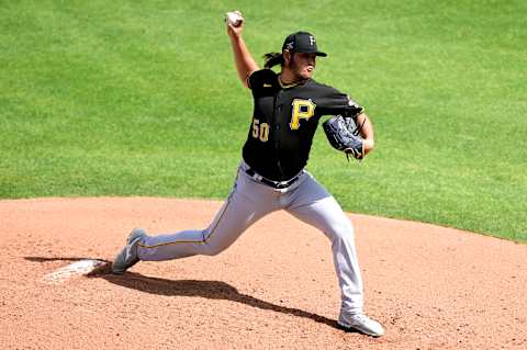 VENICE, FLORIDA – MARCH 09: Miguel Yajure #50 of the Pittsburgh Pirates throws a pitch during the third inning against the Atlanta Braves during a spring training game at CoolToday Park on March 09, 2021 in Venice, Florida. (Photo by Douglas P. DeFelice/Getty Images)