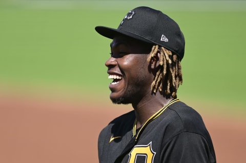 BRADENTON, FLORIDA – MARCH 02: Oneil Cruz #61 of the Pittsburgh Pirates reacts prior to the game between the Pittsburgh Pirates and the Detroit Tigers during a spring training game at LECOM Park on March 02, 2021 in Bradenton, Florida. (Photo by Douglas P. DeFelice/Getty Images)