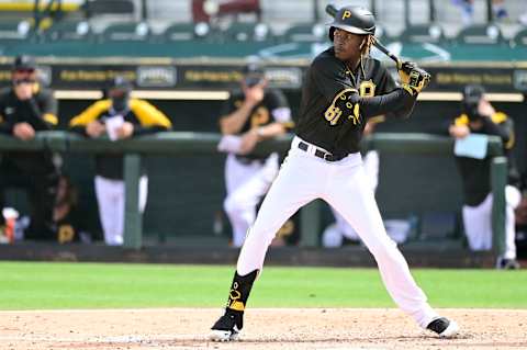 BRADENTON, FLORIDA – MARCH 02: Oneil Cruz #61 of the Pittsburgh Pirates stands at the plate during the fourth inning against the Detroit Tigers during a spring training game at LECOM Park on March 02, 2021 in Bradenton, Florida. (Photo by Douglas P. DeFelice/Getty Images)