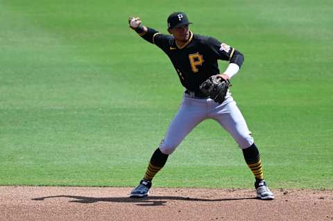 SARASOTA, FLORIDA – MARCH 15: Erik Gonzalez #2 of the Pittsburgh Pirates fields the ball during the first inning against the Baltimore Orioles during a spring training game at Ed Smith Stadium on March 15, 2021 in Sarasota, Florida. (Photo by Douglas P. DeFelice/Getty Images)