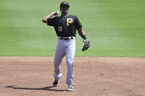 SARASOTA, FLORIDA – MARCH 15: Ke’Bryan Hayes #13 of the Pittsburgh Pirates warms up during the second inning against the Baltimore Orioles during a spring training game at Ed Smith Stadium on March 15, 2021 in Sarasota, Florida. (Photo by Douglas P. DeFelice/Getty Images)