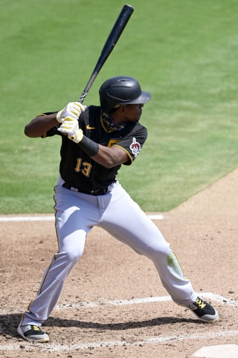 SARASOTA, FLORIDA – MARCH 15: Ke’Bryan Hayes #13 of the Pittsburgh Pirates stands at the plate during the third inning against the Baltimore Orioles during a spring training game at Ed Smith Stadium on March 15, 2021 in Sarasota, Florida. (Photo by Douglas P. DeFelice/Getty Images)