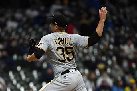 MILWAUKEE, WISCONSIN – APRIL 17: Trevor Cahill #35 of the Pittsburgh Pirates pitches in the first inning against the Milwaukee Brewers at American Family Field on April 17, 2021 in Milwaukee, Wisconsin. (Photo by Quinn Harris/Getty Images)