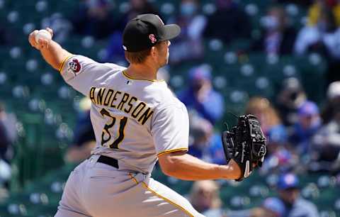 CHICAGO, ILLINOIS – MAY 09: Tyler Anderson #31 of the Pittsburgh Pirates pitches against the Chicago Cubs during the first inning at Wrigley Field on May 09, 2021 in Chicago, Illinois. (Photo by David Banks/Getty Images)