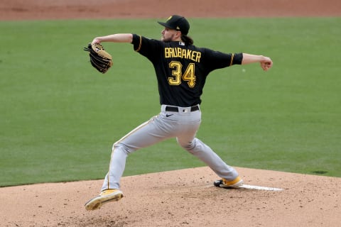 SAN DIEGO, CALIFORNIA – MAY 05: JT Brubaker #34 of the Pittsburgh Pirates pitches during a game against the San Diego Padres at PETCO Park on May 05, 2021 in San Diego, California. (Photo by Sean M. Haffey/Getty Images)