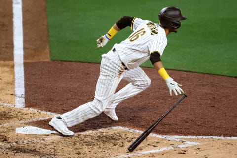 SAN DIEGO, CALIFORNIA – MAY 14: Tucupita Marcano #16 of the San Diego Padres grounds into a fielders choice during the third inning of a game against the St. Louis Cardinals at PETCO Park on May 14, 2021 in San Diego, California. (Photo by Sean M. Haffey/Getty Images)