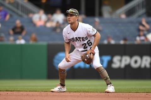 PITTSBURGH, PA – MAY 16: Adam Frazier #26 of the Pittsburgh Pirates in action during the game against the San Francisco Giants at PNC Park on May 16, 2021 in Pittsburgh, Pennsylvania. (Photo by Justin Berl/Getty Images)