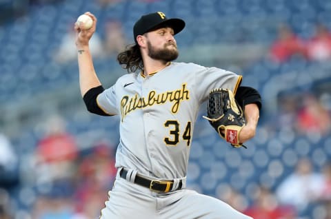 WASHINGTON, DC – JUNE 14: JT Brubaker #34 of the Pittsburgh Pirates pitches in the second inning against the Washington Nationals at Nationals Park on June 14, 2021 in Washington, DC. (Photo by Greg Fiume/Getty Images)