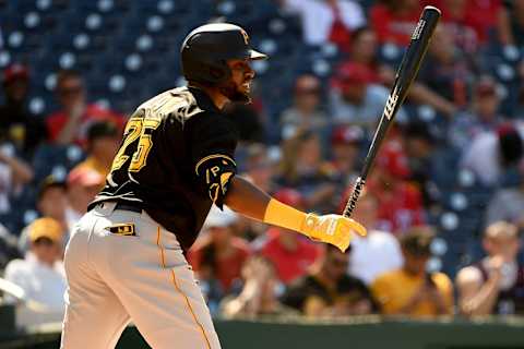 WASHINGTON, DC – JUNE 16: Gregory Polanco #25 of the Pittsburgh Pirates at bat against the Washington Nationals at Nationals Park on June 16, 2021 in Washington, DC. (Photo by Will Newton/Getty Images)