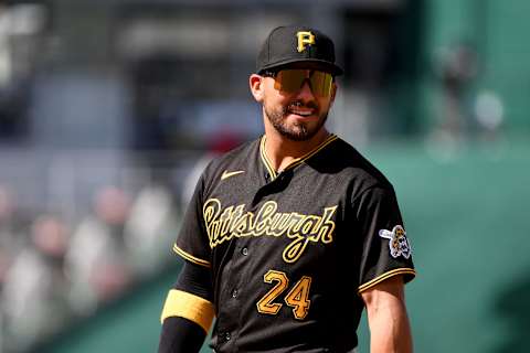 WASHINGTON, DC – JUNE 16: Phillip Evans #24 of the Pittsburgh Pirates looks on against the Washington Nationals at Nationals Park on June 16, 2021 in Washington, DC. (Photo by Will Newton/Getty Images)