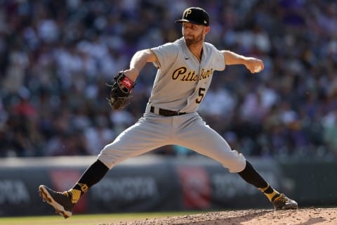 DENVER, COLORADO – JUNE 28: Chasen Shreve #55 of the Pittsburgh Pirates throws aganst the Colorado Rockies in the seventh inning at Coors Field on June 28, 2021 in Denver, Colorado. (Photo by Matthew Stockman/Getty Images)