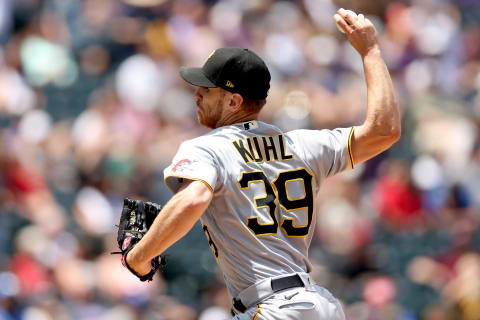 DENVER, COLORADO – JUNE 30: Starting pitcher Chad Kuhl #39 of the Pittsburgh Pirates throws against the Colorado Rockies in the first ining at Coors Field on June 30, 2021 in Denver, Colorado. (Photo by Matthew Stockman/Getty Images)