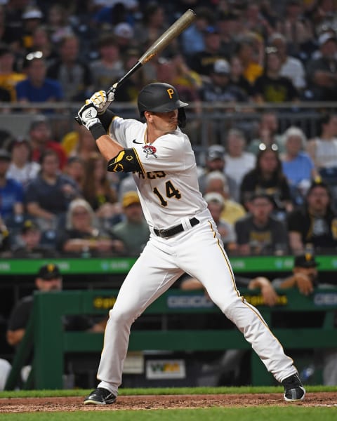 PITTSBURGH, PA – JULY 05: Jared Oliva #14 of the Pittsburgh Pirates in action during the game against the Atlanta Braves at PNC Park on July 5, 2021 in Pittsburgh, Pennsylvania. (Photo by Justin Berl/Getty Images)