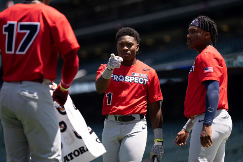 DENVER, CO – JULY 10: Termarr Johnson points to a fellow contestant during a break in the action in the Major League Baseball All-Star High School Home Run Derby at Coors Field on July 10, 2021 in Denver, Colorado. (Photo by Kyle Cooper/Colorado Rockies/Getty Images)