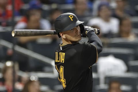 NEW YORK, NY – JULY 9: Jared Oliva #14 of the Pittsburgh Pirates at bat during the fifth inning against the New York Mets at Citi Field on July 9, 2021 in the Flushing neighborhood of the Queens borough of New York City. (Photo by Adam Hunger/Getty Images)