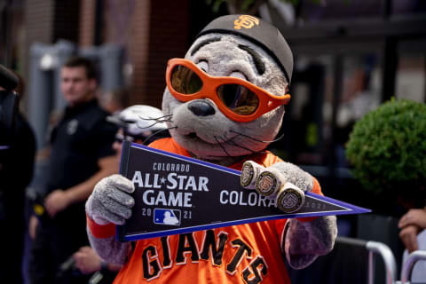 DENVER, COLORADO – JULY 13: San Francisco Giants mascot Lou Seal attends the MLB All-Star Red Carpet Show on July 13, 2021 in downtown Denver, Colorado. (Photo by Kyle Cooper/Colorado Rockies/Getty Images)