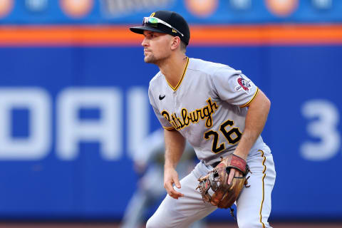 NEW YORK, NY – JULY 10: Adam Frazier #26 of the Pittsburgh Pirates during game one of a double header against the New York Mets at Citi Field on July 10, 2021 in New York City. (Photo by Rich Schultz/Getty Images)