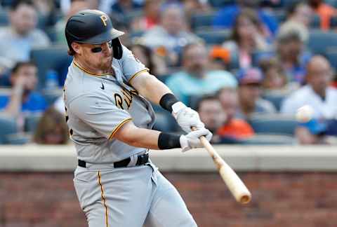 NEW YORK, NEW YORK – JULY 10: (NEW YORK DAILIES OUT) John Nogowski #69 of the Pittsburgh Pirates in action against the New York Mets at Citi Field on July 10, 2021 in New York City. The Pirates defeated the Mets 6-2. (Photo by Jim McIsaac/Getty Images)