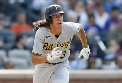 NEW YORK, NEW YORK – JULY 10: (NEW YORK DAILIES OUT) Cole Tucker #3 of the Pittsburgh Pirates in action against the New York Mets at Citi Field on July 10, 2021 in New York City. The Pirates defeated the Mets 6-2. (Photo by Jim McIsaac/Getty Images)