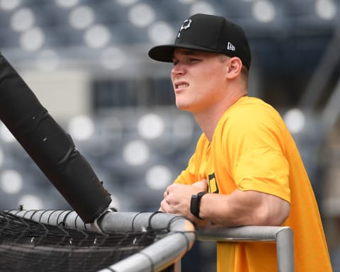 PITTSBURGH, PA – JULY 18: Catcher Henry Davis, who was selected first overall in the 2021 MLB draft by the Pittsburgh Pirates takes batting practice on the field after signing a contract with the Pirates at PNC Park on July 18, 2021 in Pittsburgh, Pennsylvania. (Photo by Justin Berl/Getty Images)