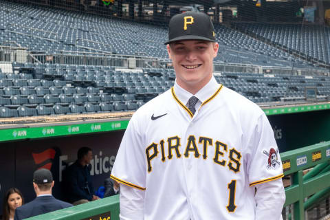 PITTSBURGH, PA – JULY 18: Catcher Henry Davis, who was selected first overall in the 2021 MLB draft by the Pittsburgh Pirates, poses for photos on the field after signing a contract with the Pirates at PNC Park on July 18, 2021 in Pittsburgh, Pennsylvania. (Photo by Justin Berl/Getty Images)