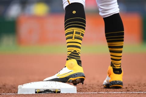 PITTSBURGH, PA – MAY 29: A detailed view of the Nike Cleats and Stance Socks worn by Erik Gonzalez #2 of the Pittsburgh Pirates during Game Two of the doubleheader against the Colorado Rockies at PNC Park on May 29, 2021 in Pittsburgh, Pennsylvania. (Photo by Justin Berl/Getty Images)