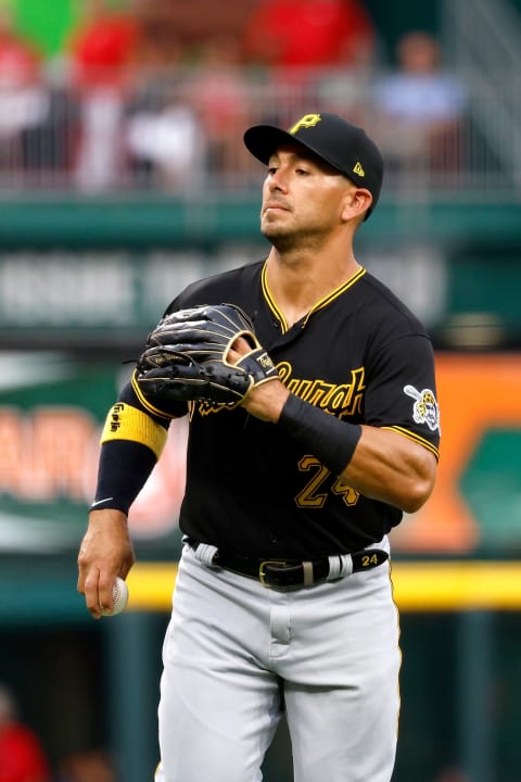 CINCINNATI, OH – AUGUST 06: Phillip Evans #24 of the Pittsburgh Pirates jogs back to the dugout during the game against the Cincinnati Reds at Great American Ball Park on August 6, 2021 in Cincinnati, Ohio. (Photo by Kirk Irwin/Getty Images)