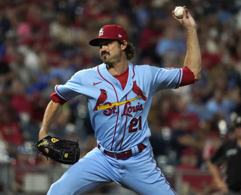 KANSAS CITY, MISSOURI – AUGUST 14: Andrew Miller #21 of the St. Louis Cardinals throws in the ninth inning against the Kansas City Royals at Kauffman Stadium on August 14, 2021 in Kansas City, Missouri. (Photo by Ed Zurga/Getty Images)