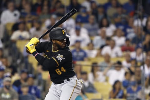 LOS ANGELES, CALIFORNIA – AUGUST 17: Rodolfo Castro #64 of the Pittsburgh Pirates at bat against the Los Angeles Dodgers during the fourth inning at Dodger Stadium on August 17, 2021 in Los Angeles, California. (Photo by Michael Owens/Getty Images)