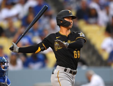 LOS ANGELES, CA – AUGUST 18: Hoy Park #68 of the Pittsburgh Pirates at bat during the game against the Los Angeles Dodgers at Dodger Stadium on August 18, 2021 in Los Angeles, California. (Photo by Jayne Kamin-Oncea/Getty Images)