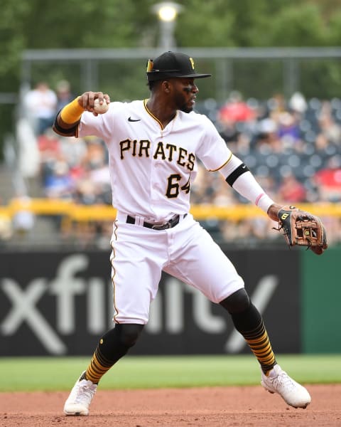 PITTSBURGH, PA – AUGUST 01: Rodolfo Castro #64 of the Pittsburgh Pirates in action during the game against the Philadelphia Phillies at PNC Park on August 1, 2021 in Pittsburgh, Pennsylvania. (Photo by Justin Berl/Getty Images)