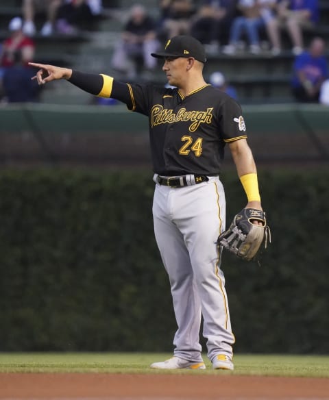 CHICAGO, ILLINOIS – SEPTEMBER 02: Phillip Evans #24 of the Pittsburgh Pirates warms up prior to a game against the Chicago Cubs at Wrigley Field on September 02, 2021 in Chicago, Illinois. (Photo by Nuccio DiNuzzo/Getty Images)