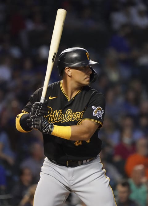 CHICAGO, ILLINOIS – SEPTEMBER 02: Phillip Evans #24 of the Pittsburgh Pirates bats against the Chicago Cubs at Wrigley Field on September 02, 2021 in Chicago, Illinois. (Photo by Nuccio DiNuzzo/Getty Images)